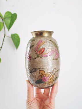 Handmade Vintage Brass Floral Etched Vase With Multicolor Enamel Detailing - 6 I